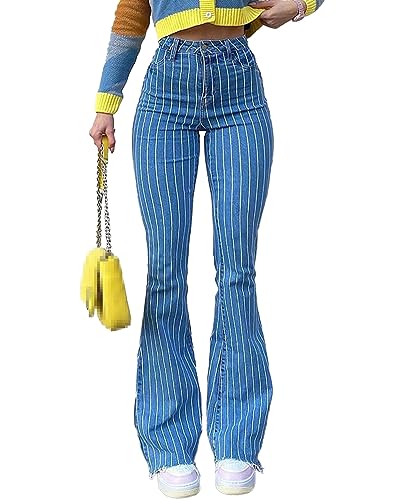 High Waisted Striped Bell Bottom Jeans for Women Stretchy Hem Raw Vintage Wide Leg Flared Denim Pants