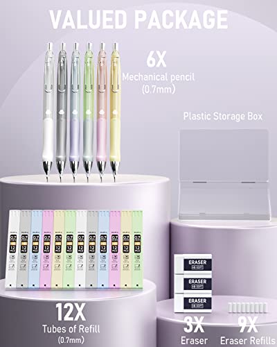 Nicpro 6 Colors Pastel Mechanical Pencil Set 0.7 Mm, Cute Mechanical Pencils With Comfort Grip With 12 Tubes Hb Lead Refill, 3 Eraser, Eraser Refills For Student Writing, Drawing, Sketching- With Case #TOP5