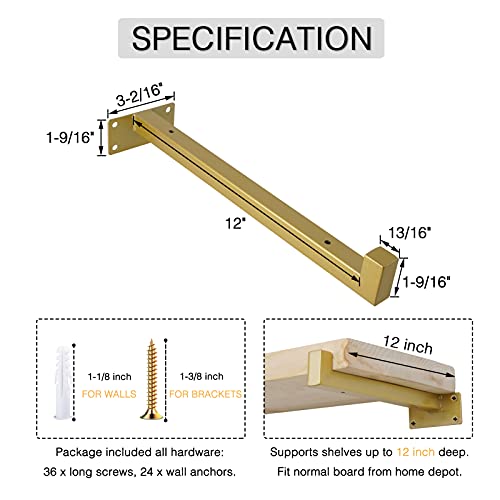 Ovov 6 Pack Heavy Duty Shelf Brackets Industrial Iron Squre Pipe Shelving Brackets With Lip For Kitchen Bathroom Storage (Gold) 12" #TOP2