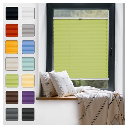 Fenster Plissee ohne Bohren zum Kleben Innenrahmen - Thermo Plisseerollo Innen - Rollo Jalousie, Halterungen auf Rahmen, Faltrollo, Sichtschutz, Blickdicht, für Fenster & Tür - Grün, 35 x 150 cm