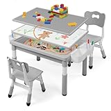 Kids Table and Chairs Set Large Storage, Height Adjustable Toddler Activity Table and 2 Chairs Set, 34.6x24.8' Graffiti/Block Building Desktop, 4 Side Boxes, Kids desk for Home, Preschool, Classroom