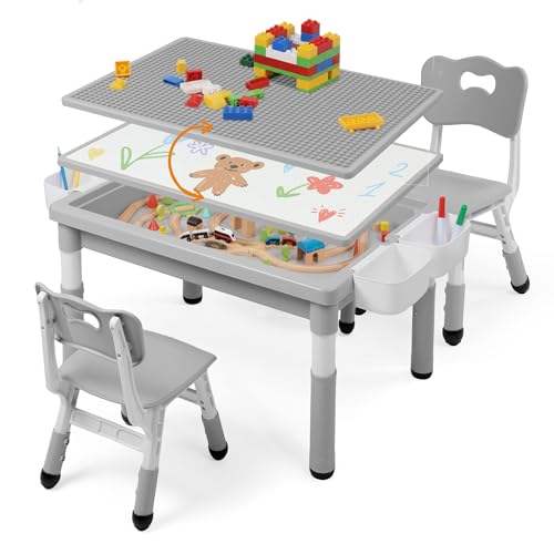 Kids Table and Chairs Set Large Storage, Height Adjustable Toddler Activity Table and 2 Chairs Set, 34.6x24.8" Graffiti/Block Building Desktop, 4 Side Boxes, Kids desk for Home, Preschool, Classroom
