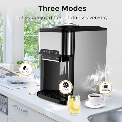 Image of FZF Countertop Ice Maker Machine, 3 in 1 Portable with Hot /Cold Water Dispenser, 12 Cubes in 7 Mins, Stainless Steel Nugget Ice Maker, 44Lbs in 24H for Home Bar /Camping /RV