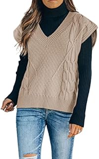 Elegancity Womens Knitted Sweater Vest Sleeveless V Neck Jumpers Vintage Retro Stylish Autumn Winter Pullover Girls Tank Tops (Khaki, Medium)