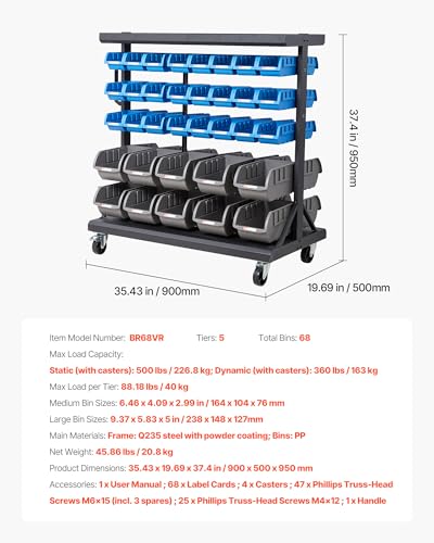 Image of VEVOR 5-Tier Double-Sided Rolling Bin Storage Rack, 68 Plastic Bins, Dual-Sided Parts Organizer with Wheels, Mobile Tool Organizer for Garage, Warehouse, Office, Restaurant, Classroom, Kitchen