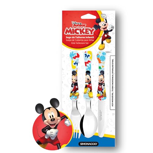 SIMONAGGIO Jogo de Talheres Infantil Disney Kids Mickey - Kit de Talheres de Aço Inox Com Cabo Plástico Para Bebês - Multicor - 3 Peças