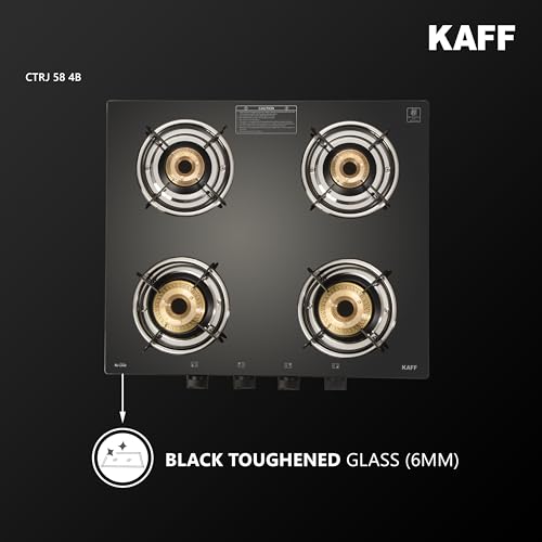 Image of KAFF Cooktop | 4 Burners with Slim Line Design 58 CM | 1 Jumbo burner | High Efficiency Brass Burners, Black Tempered Glass | Matt Enamelled Pan Support | Black | CTRJ58-4B