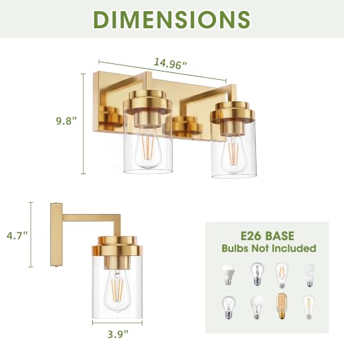 Image of Bathroom Vanity Fixtures, 2 Light Matte Gold Vanity Light with Clear Glass Shade, 15in Farmhouse wall Light, Lighting Fixture Over Mirror for Bathroom