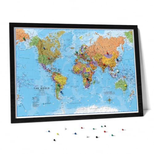 Large Push Pin World Travel Map - Updated 2026 - Black Frame with Pins