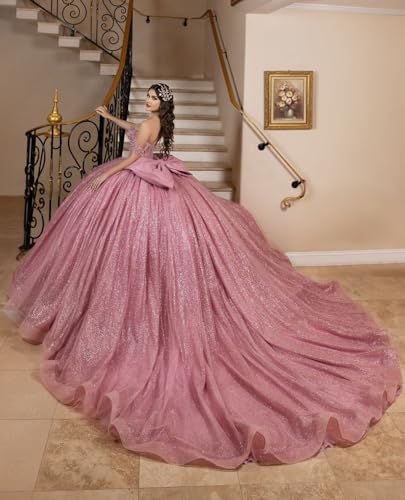 Sparkly Quinceanera Dresses with Bow Puffy Glitter Beaded XV Dress Off Shoulder Ball Gown with Train YU0103