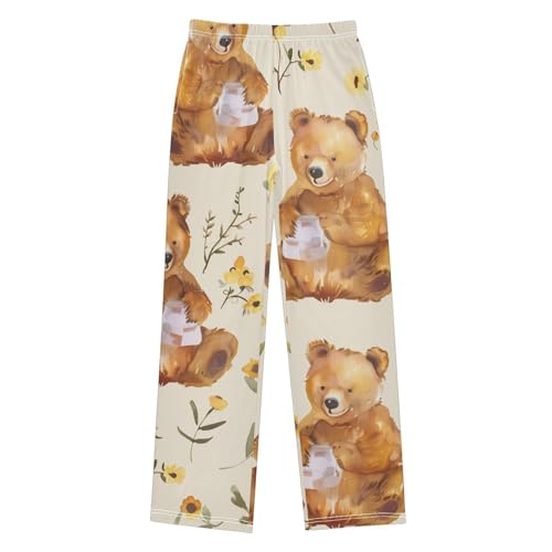 ZZXXB Bear Florals Print Boys Long Pants Soft Trousers Elastic Waist Kids Lounge Bottoms with Pockets S-XL
