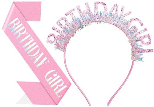 Papoopy Birthday Headband with Sash for Women Birthday Crwon Tiara for Decorations