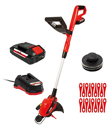 Akku-Rasentrimmer mit 20 V 2,0 Ah Akku und Schnellladegerät, wahlweise Messer oder Fadenspulen-System, 25 cm Schnittkreis, Teleskopstiel,
