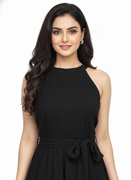 Image of Women Fit & Flare High Low Midi Dress | Sleeveless Round Neck One Piece Dress with Waist Tie Detail | Flowy Western Dress for Party and Casual Styling