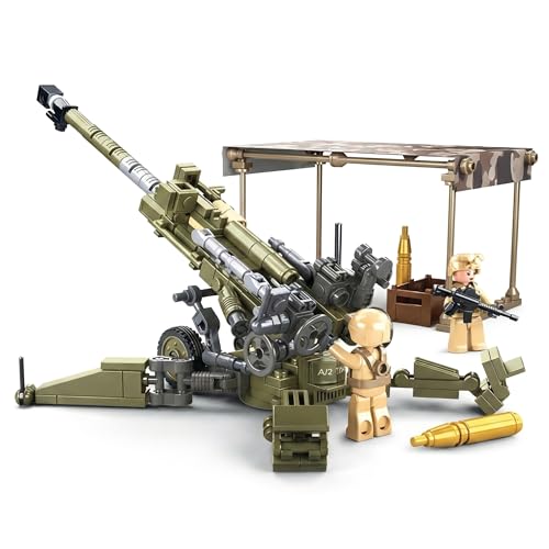 General Jims US Army 155mm Howitzer Building Set 258 Pieces WWII Korea Vietnam Artillery Model Army Green with Camouflage Includes 2 Soldier Figures Rotating Turret Compatible Bricks