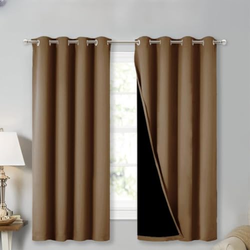 Image of NICETOWN Extra Long Truly Blackout Drapes for Hall and Villa, 46 inch Width Each Panel, 45 inch Length, Gold Brown, 2 Pieces, 100% Blackout Window Curtain Panels with Black Lined for Night Shift Worker