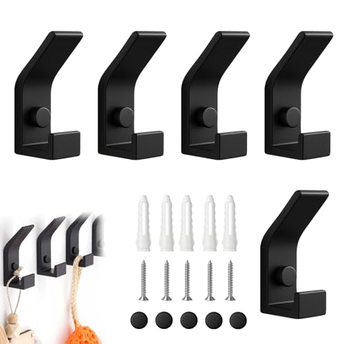 Musiook 5 Pack Heavy Duty Black Coat Hooks Heavy Duty Black Wall Hooks Screw in Coat Hook for Coats Door Hook Apply to Bathroom Bedroom Hallway Invisible Screw Design Sturdy Metal Hangers