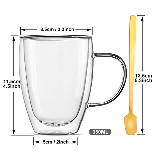 Cappuccino Glass Mugs, (Set Of 4) 12 Ounces Double Walled Espresso Mug Cups Glass Mug Set With 4 Golden Spoon, Drinking Coffee Cups With Handle, Clear Glass Mugs For Latte, Cappuccino, Tea Bag, Juice #TOP2