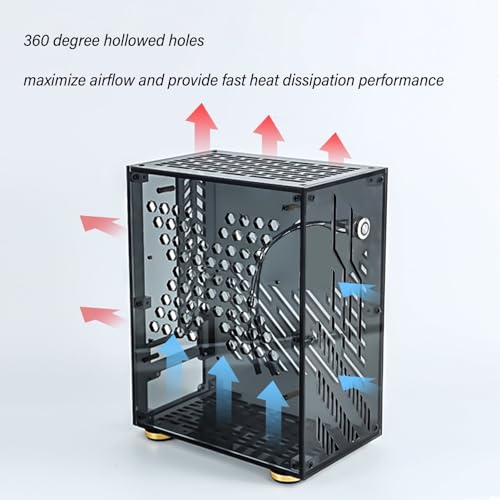 Gabinete Mini ITX GOWENIC de acrílico transparente, 4,3 L, refrigeración 360°, panel lateral negro transparente, compatible con placas base Mini ITX, soporte para fuente de alimentación 1U, compatible con SSD de 2,5 pulgadas miniatura 2