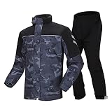 Regenanzug Arbeitskleidung, Tarnung Kapuzen Regenmantel Jacke + Hose Sets Für Herren Damen, Fahrrad Regenbekleidung Wasserdicht Reflektierender, Poncho Overalls Straßenbau,Schwarz,XXL