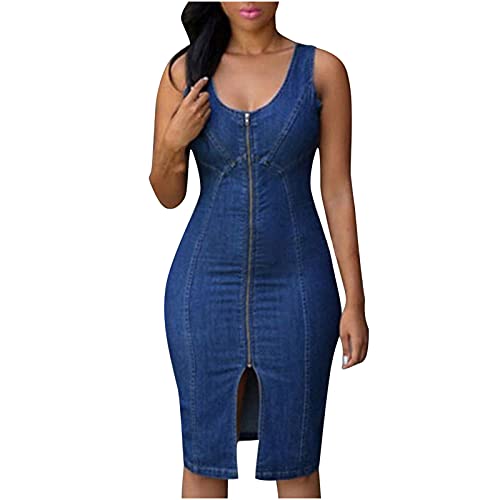 Peigen Women's Summer Dresses, Fashion Blue Denim Split Dresses Sexy Slim Zip Mini Dress Short Summer Sleeveless Tank Dress