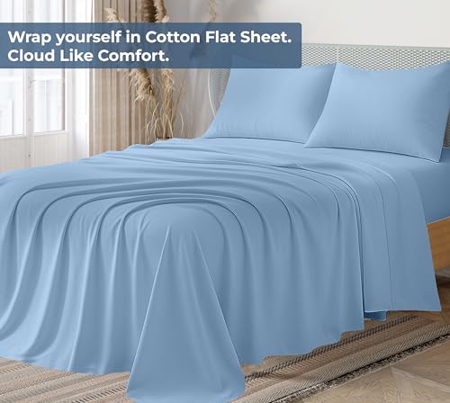 Image of Royale Linens 100% Organic Cotton Queen Flat Sheet Only - Super Soft - Percale Top Sheets - Queen Flat Sheet Sold Separately - Breathable, Cool & Crisp Lake Blue Sheets Only (90 inch x 102 inch, Lake Blue)