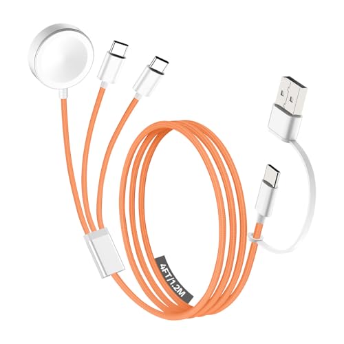 Travel Essentials for Apple Watch Charger, Multi Charging Cable for iPhone Charger, 3 in 2 USB C Cable Cord Compatible with iPhone 17-15 Series/iWatch Ultra/10-1/Galaxy S25-20, iPad-Orange,4FT