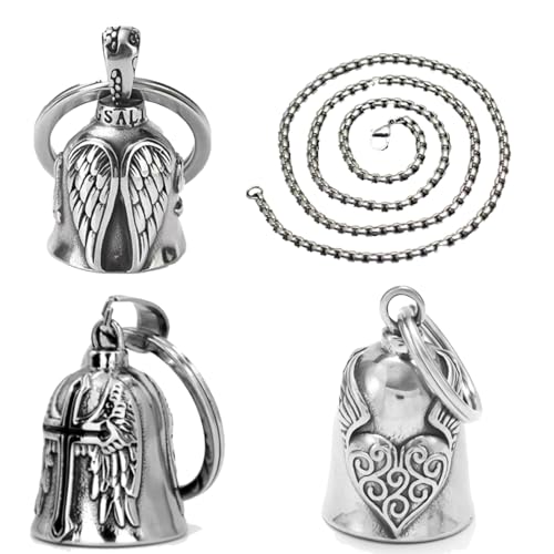 S.F.Pachira 3 Piezas Llavero Moto Campana Guardiana, Campanilla de Motocicleta en Acero Inoxidable con Cadena, Campana de Moto Guardian Bell para Motociclistas, Marido, Amuleto de Suerte (Plata)