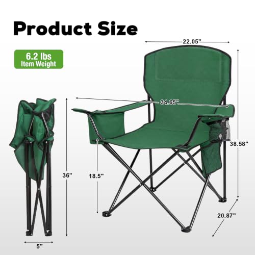 Image of Romswi 2 Pack Camping Chairs, Heavy Duty Folding Chair with 4-Can Cooler Bag, Portable Outdoor Chair with Cup Holder for Lawn, Beach, Fishing, Green