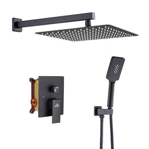 CASAINC Sistema de Ducha 12 Pulgadas Alta Presión, Negro Mate, Montaje de Pared, Cabezal de Ducha Cuadrado con Spray de Mano, Combo Completo con Válvula Antiescaldado miniatura 1