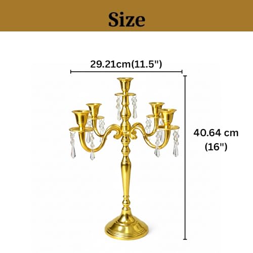 Image of Premium 16 Inch Golden Aluminum 5-Arm Candle Stand with Crystal Hangings | Luxury Centerpiece for Home Decor, Weddings, Festive Decoration & Dining Table