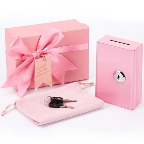 CroBlissful Caixa de metal rosa para cassino, apostador, portátil, dinheiro, seguro, tamanho de bolso com chave de dinheiro, presentes para jogos de azar impede os impulsos viciantes de jogar com saco