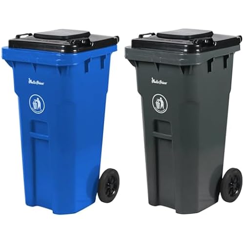 PLASTIC PRINCE 32 Gallon Trash Can with Wheels Outdoor Recycling Bin with Lid and Wheels Heavy Duty Rolling Garbage Can Commercial Wheeled Garbage Can for Home Garage Office, Set of Blue and Gray