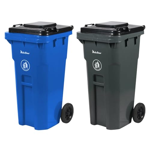 PLASTIC PRINCE 32 Gallon Trash Can with Wheels Outdoor Recycling Bin with Lid and Wheels Heavy Duty Rolling Garbage Can Commercial Wheeled Garbage Can for Home Garage Office, Set of Blue and Gray