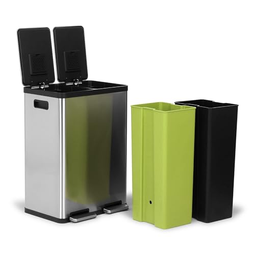 SIMPLI-MAGIC-60-Liter-16-Gallon-Rectangular-Hands-Free-Dual-Compartment-Recycling-Kitchen-Step-Trash-Can-with-Soft-Close-Lid-Brushed-Stainless-Steel