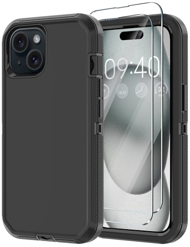 Annymall for iPhone 15 Case with 2 Screen Protector,Shockproof Drop Protection Full Body Heavy Duty 3-Layer Military Rugged Durable Phone Cover for Apple iPhone 15 6.1" (Black)