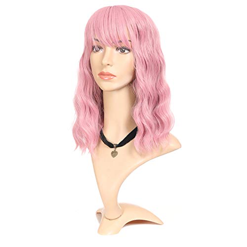 JUVEN BELLA Pink Wig with Bangs 14" Synthetic Natural Hair Wigs Heat Resistant Fiber Cosplay Wig for Women (Pink)…