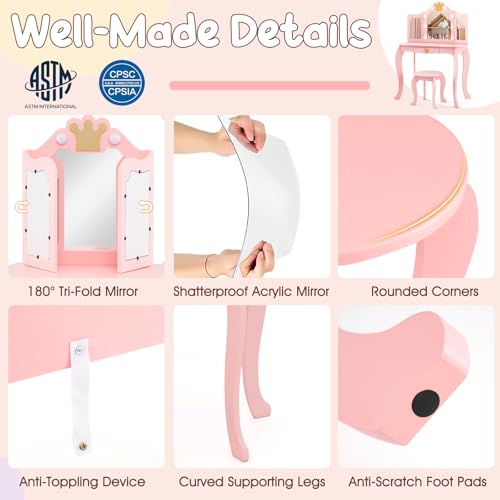 Image of KOTEK Kids Vanity with Lights, Crown Girls Vanity Set w /Tri-Folding Mirror, Detachable Top, Stool & Drawer, Wooden Toddler Makeup Desk, Pretend Play Kids Vanity Table and Chair Set (Pastel Pink)
