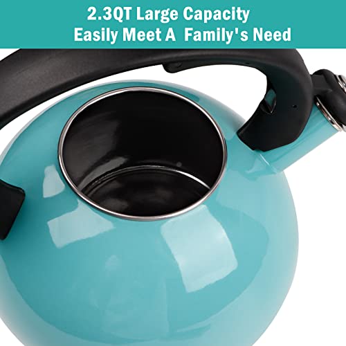 Enamel-On-Steel Tea Kettle Stovetop,2.3 Quart Whistling Tea Kettle With Anti-Hot Folding Handle For All Heat Sources(Turquoise) #TOP5