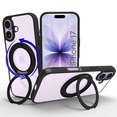Image of RIGGEAR Shockproof Sleek Hybrid Armor 360 Rotating Magnetic Ring Stand Back Cover Case Compatible with MagSafe Accessories for iPhone 17 (Transparent PC and Black TPU Bumper)