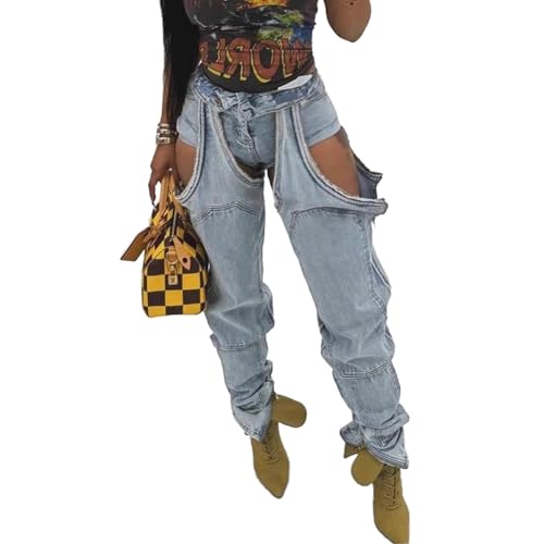 Molilove Hollow Out Jeans for Women High Waist Cutout Straight Leg Stretchy Denim Pants Y2K Trendy Baggy Jeans