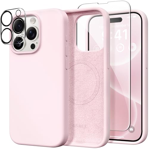 GONEZ Magnetic for iPhone 15 Pro Case, Compatible with MagSafe, [Screen Protector + Camera Lens Protector], Silicone Shockproof Anti-Scratch Protective Phone Case 6.1 inch, Chalk Pink