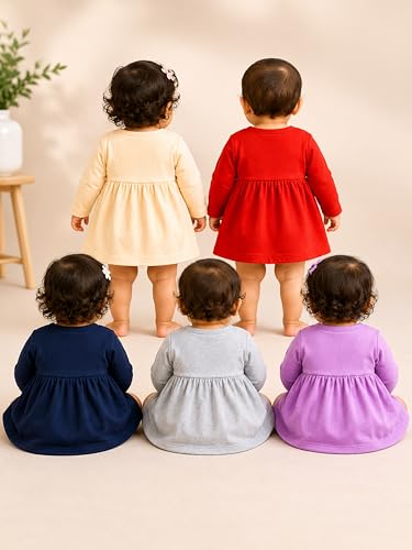 Image of Kidbee Baby Girls A-Line Dress Combo Pack of 5 | Printed Cotton Blend Frocks | Multicolor | Newborn, Infant & Toddler