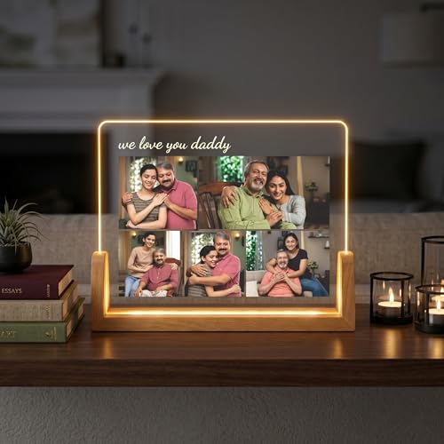 Image of Giftplease Personalized We Love You Daddy Acrylic LED Photo Frame with Wooden Base | Customized Multi-Photo Lamp Gift for Father's Day, Birthday | Warm Glow Night Light