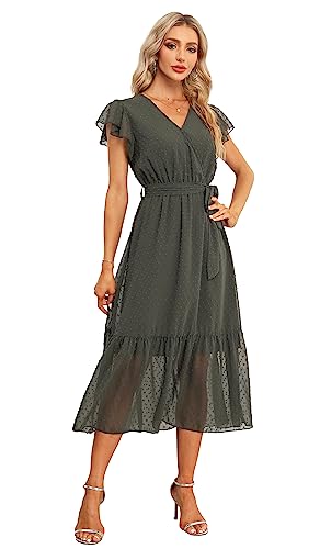 Image of VintageClothing Womens Sundress Casual Floral Summer Boho Dress | Flowy Wrap V Neck Ruffle A-Line Pleated Hem Midi Dresses