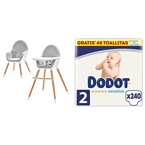Kinderkraft Trona Bebé 2 en 1 FINI, Silla Infantil, Ajustable, Gris & Dodot Pañales Bebé Sensitive Talla 2 (4-8 kg), 240 Pañales + 1 Pack de 48 Toallitas Gratis Cuidado Total Aqua