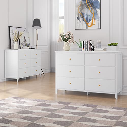 Sejov 6 Drawer Double Dresser Tv Stand, White Dresser For Bedroom, Wooden Dreeser With Gold Metal Handles, Wide Storage Space, Accent Storage Cabinet For Living Room, Bedroom, Kids Room,Hallway, White #TOP3