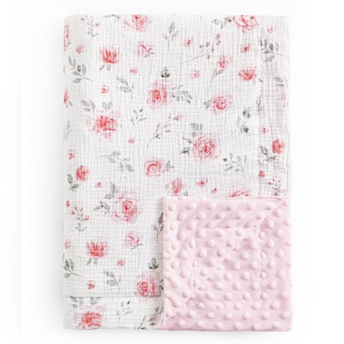 Image of david's kids Muslin Minky Baby Blanket for Girls with Muslin Cotton Front and Dotted Fleece Backing, Breathable and Soft Lightweight Receiving Blanket for Newborns, 40x50 Inches, Floral