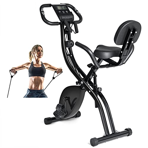 Folding Exercise Bike With Arm Resistance Band, NEWFITMENT 3-in-1 Magnetic Indoor Cycling Bike, 300lb Capacity Foldable Stationary Bike Recumbent Exercise Bike for Adults Home Gym, Holiday Fitness Gift For Men Women