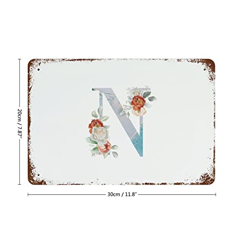 Panneau en métal monogramme floral N blanc rétro 30x45 cm